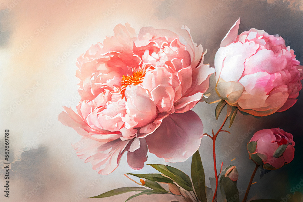 Obraz premium Watercolor illustration light pink peony flower on a stem with buds. AI Generated