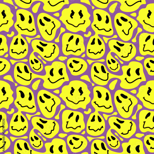 Funny melt smiley faces seamless pattern. Lava lamp, water drops, drug trip style. Retro vintage color palette. Hand drawn abstract Smile faces melt, acid, trippy wallpaper print concept