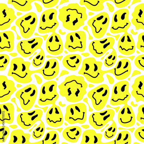 Funny melt smiley faces seamless pattern. Lava lamp, water drops, drug trip style. Retro vintage color palette. Hand drawn abstract Smile faces melt, acid, trippy wallpaper print concept