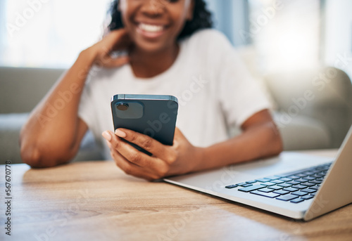 Black woman, student hand or phone for internet research, search or networking for university project. Education, digital or girl on smartphone. typing for communication, social media or reading blog