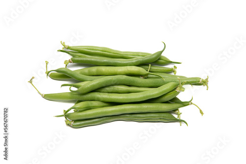 Fresh green Bush Beans ready to prepare for the table, delicious fresh produce isolated on a white background.