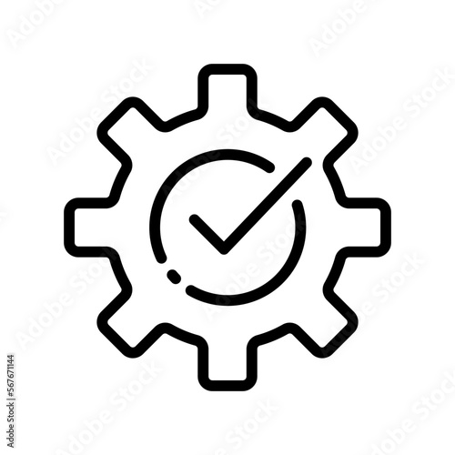 Gears with tick set icon. Settings, wrench, magnifier, instruction, website, engineering, construction. Technology concept. Vector line icon on white background