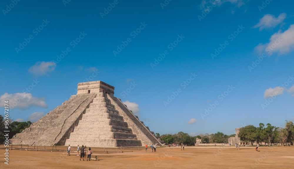 Ancient pre-Columbian Maya civilization Pyramid - Temple of Kukulcán in Chichen Itza, Mexico