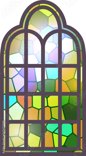 Gothic stained glass window. Church medieval arch. Catholic cathedral mosaic frame. Old architecture design. 