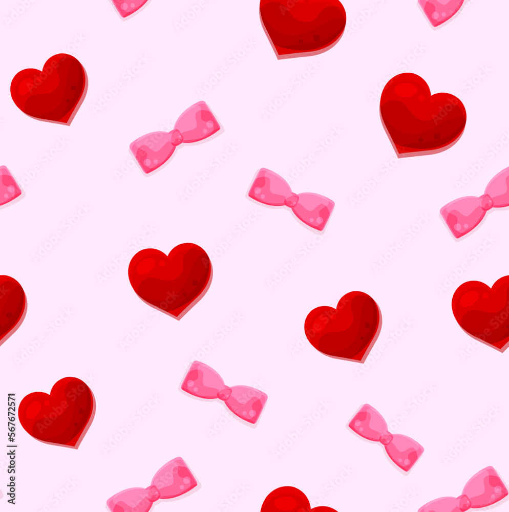 bright vector seamless pattern with hearts and bows, romantic pattern, fabric pattern