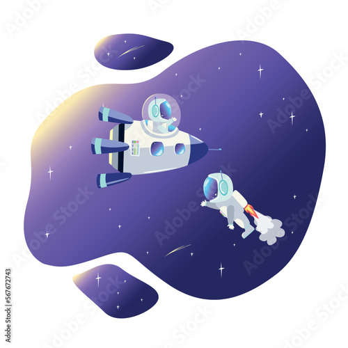 The astronaut flies to the spacecraft on a jetpack against the background of the stars and in a cartoon style. vector illustration isolated on white background. planetary exploration. Space research. 