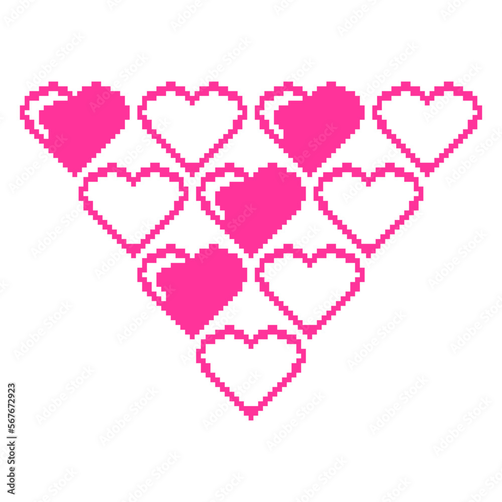 pixels digital art in valentine vector illustration of heart shaped  lined up to form a triangle