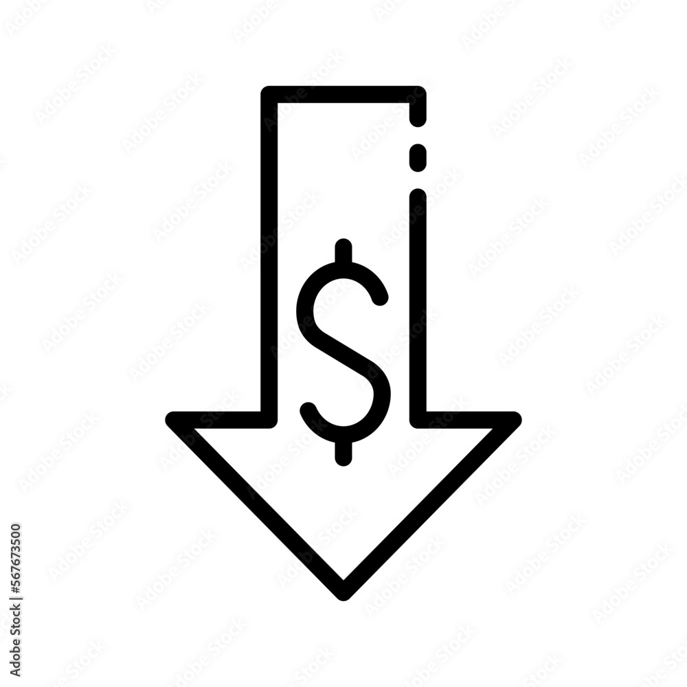 The fall of the dollar line icon. Money, recipient, investments, business, salary, capital, currencies, wallet, electronic, internet, freelance, bank. Vector line icon on white background The fall of the dollar line icon. Money, recipient, investments, business, salary, capital, currencies, wallet, electronic, internet, freelance, bank. Vector line icon on white background