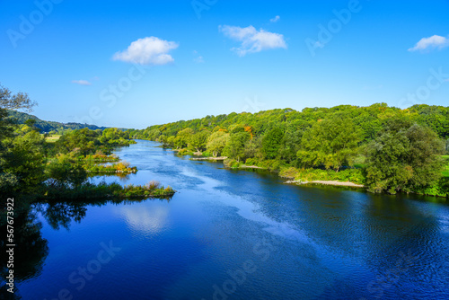 View from the Ruhrbr  cke Kemnade on the nature reserve Alte Ruhr-Katzenstein near Hattingen. Landscape on the river Ruhr. 