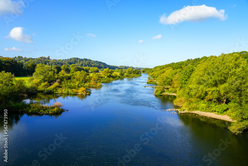 View from the Ruhrbrücke Kemnade on the nature reserve Alte Ruhr-Katzenstein near Hattingen. Landscape on the river Ruhr.
