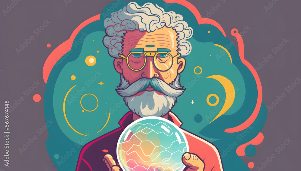 elderly man with crystal ball, digital illustration