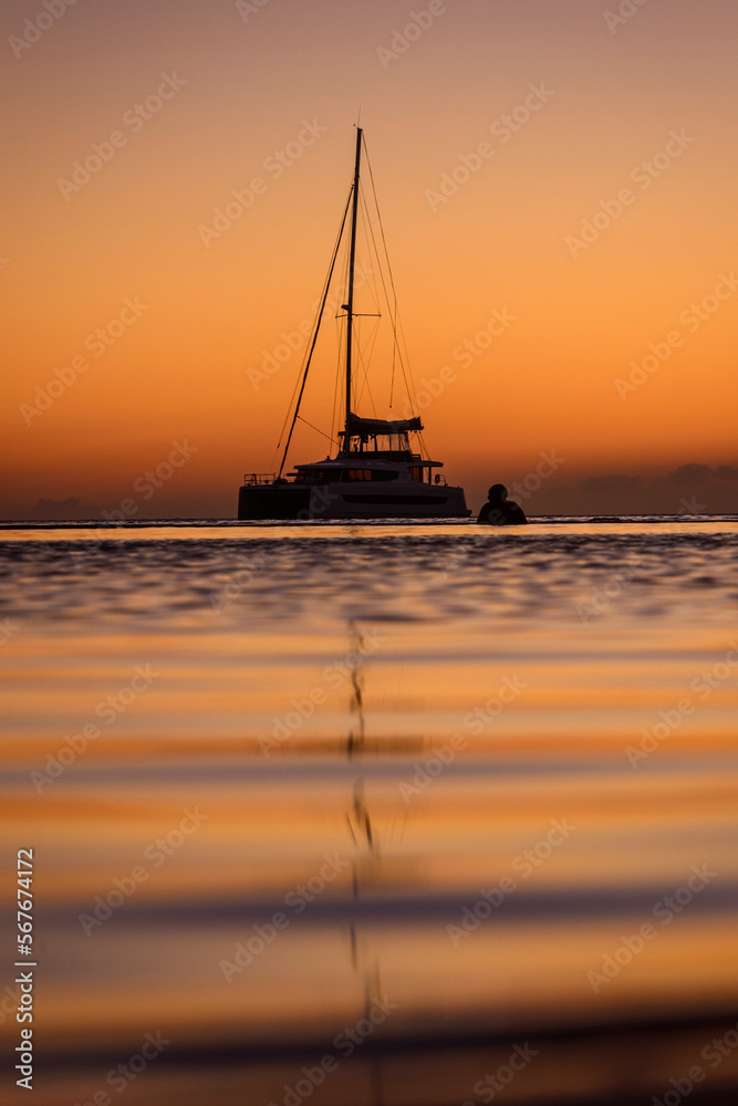 Sailboat anchored at sunset, Arguineguin, Gran Canary, Canary Islands, Spain