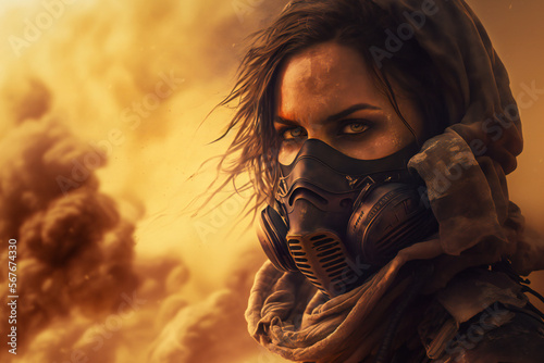 Post apocalyptic survivor in gas mask. Environmental disaster, Armageddon - Dystopia - destroyed buildings - in a post-apocalyptic World - Generative AI