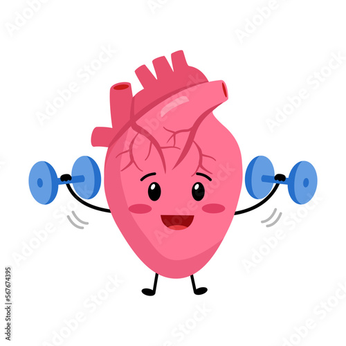 Cute heart cartoon exercise with dumbbells in flat design on white background. Strong healthy heart concept.
