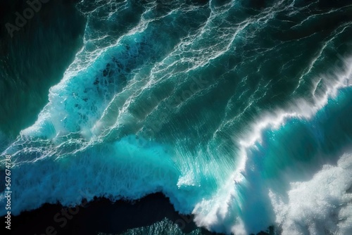 Top Down View Of Ocean Wave, aerial view of tropical blue ocean waves crashing, waves collide, beautiful turquoise ocean, illustration, Ai Generative