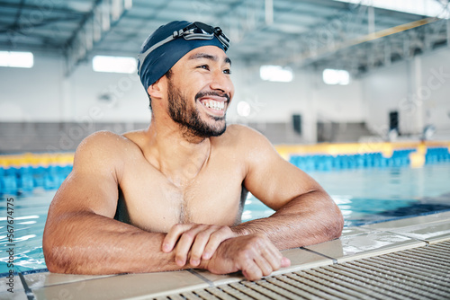 Fototapeta Happy athlete, relax or pool swimmer with cap or goggles in sports wellness, training or exercise for body muscle