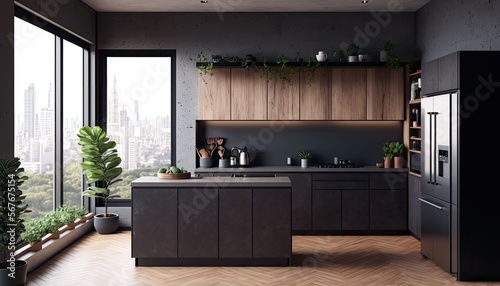 dark matte modern kitchen room 3D rendering Design. Generative Ai © gusion