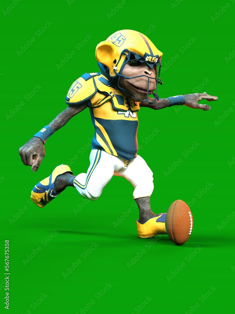 3D-illustration of a cute and funny human cartoon monkey animal as an american football player