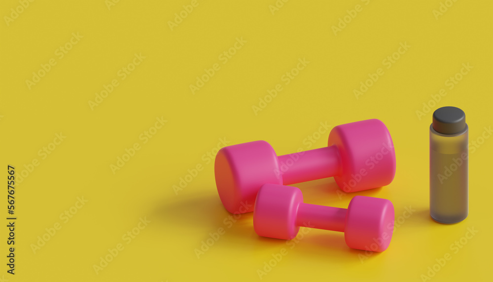 Sports, fitness, wallpaper On a yellow background, two pink dumbbells and a water bottle are juxtaposed. Sports, fitness, wallpaper On a yellow background, two pink dumbbells and a water bottle are juxtaposed.