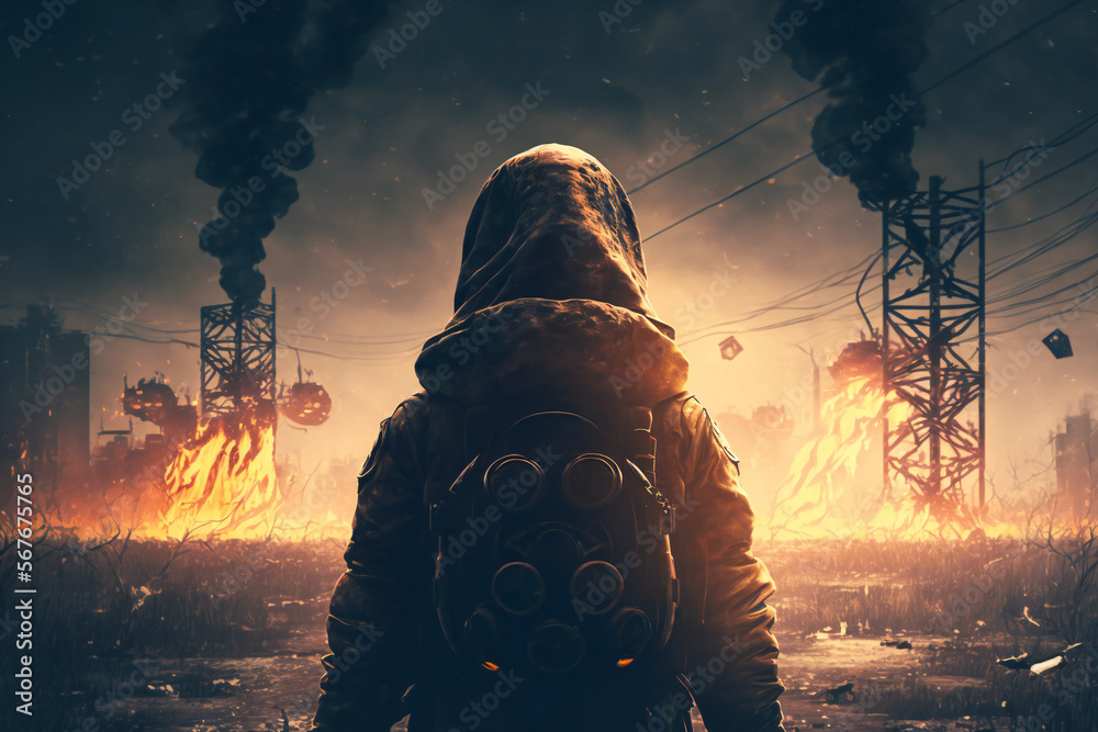 Post apocalyptic survivor in gas mask. Environmental disaster ...