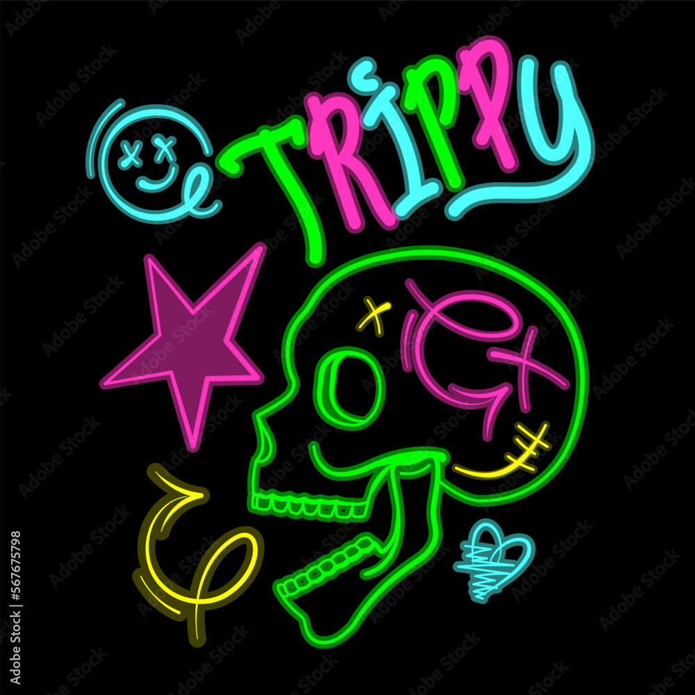 Fun acid trippy rainbow neon skull with slogan, glowing psy graphic. Graffiti rock teen street art print. Groovy cool graffiti.