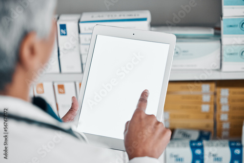 Digital tablet, mockup and hands of pharmacist for medicine, stock and checklist, prescription or pills. Copy space, screen and female health expert online for internet, search and app for inventory