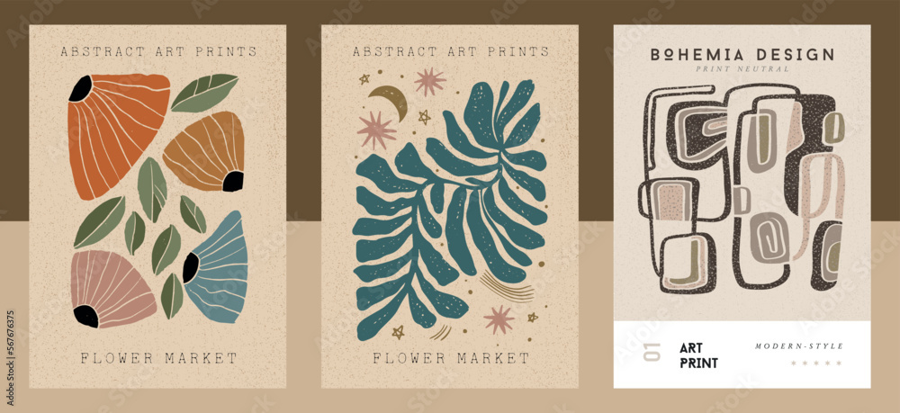 Large set of modern A4 posters in a modern boho style, hand-drawn. Suitable for poster, banner, printing, branding