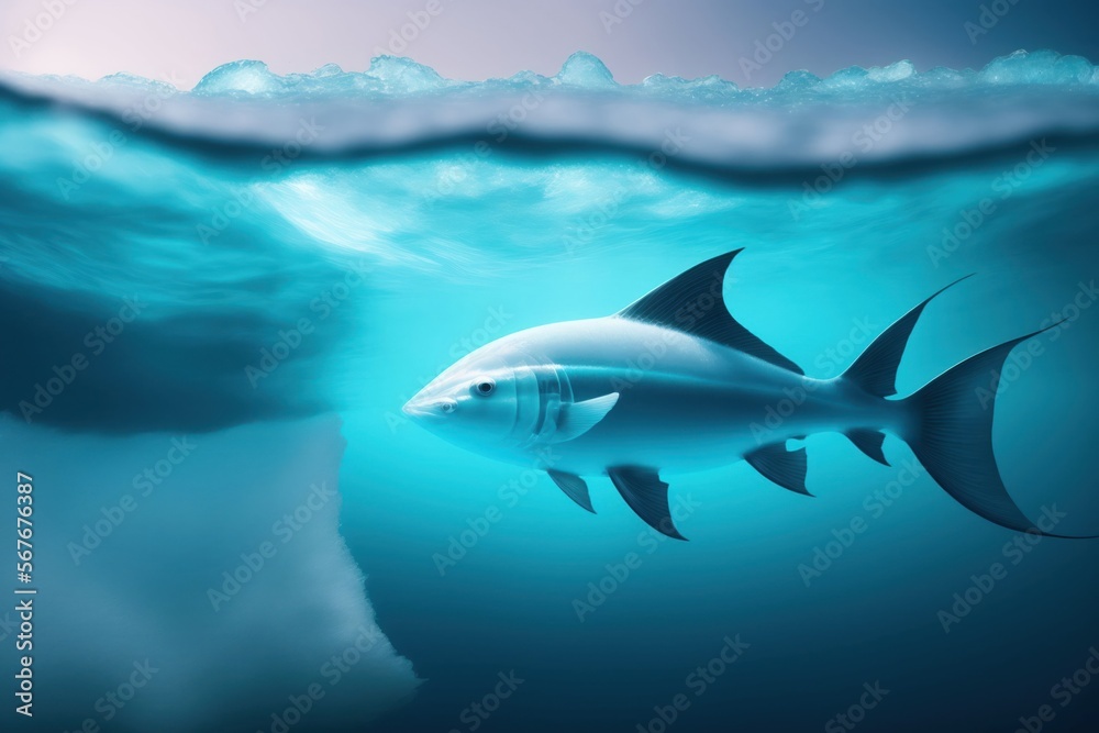 Fototapeta premium Un poisson dans une mer bleutée gelée glacée - generative AI