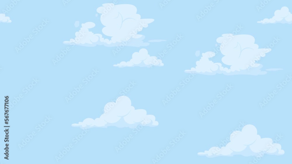 Cloudy sky animation. Animated Clouds timelapse in blue sky background. Natural clouds landscape illustration. Clouds background.