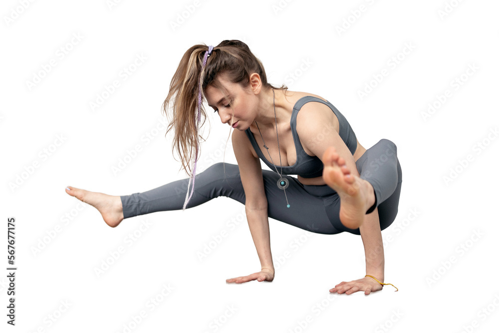Yoga woman exercise pose asana handstand, isolated transparent background.