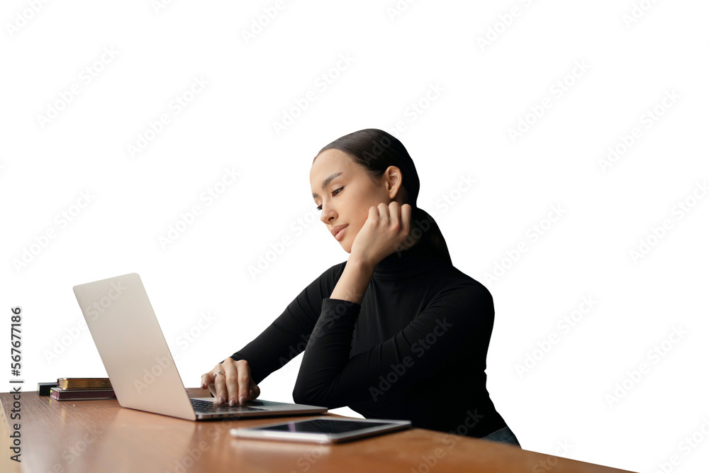 A female designer using a laptop workplace office, isolated, transparent background. A female designer using a laptop workplace office, isolated, transparent background.