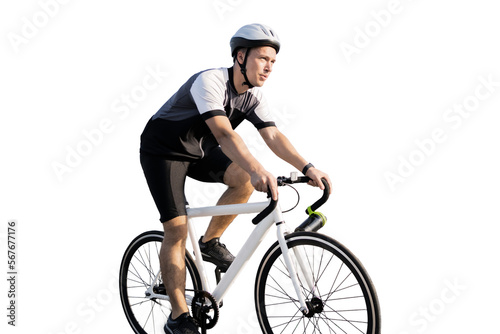 Person male cycling cyclist marathon race in fitness suit, isolated transparent background.