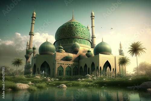 a beautiful mosque with greenery, islamic, generative ai
