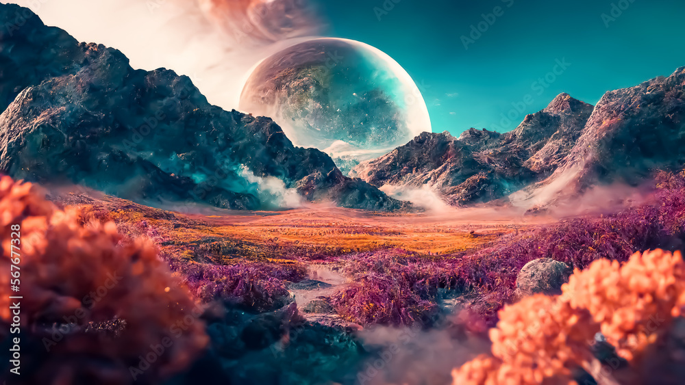 A Surreal Fantastical Landscape, Mystical Realms with high Mountain, foral feild , nebula sky. Generative AI