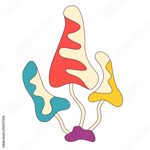 1970 magic mushrooms mycelium icon. Psychedelic trippy fungus retro sticker. Funny groovy amanita mushrooms.