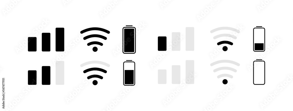 Connection and battery status set icon. Wifi, mobile network, charge percent, accumulator, cross, aborted, device status bar. Technology concept. Vector line icon for Business - obrazy, fototapety, plakaty 