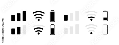 Connection and battery status set icon. Wifi, mobile network, charge percent, accumulator, cross, aborted, device status bar. Technology concept. Vector line icon for Business