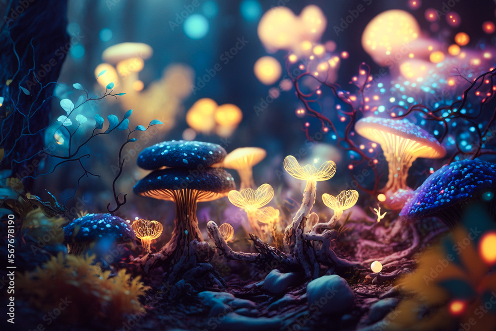 Fairy forest at night fantasy glowing flowers, Generative Ai