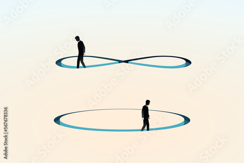 Man moves along an infinity symbol, businessman walks round in circles, metaphor of unsolvable problems, endless searches or being looped in routine, abstract depiction of business issues photo