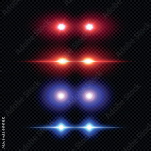 Laser eyes overlays isolated, various red and blue glowing eyes light effects, superhero sight template vectors, laser eyes meme making clipart