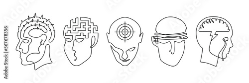 Mental disorder a continuous line drawing set, one line abstract depictions of psychic health problems, minimalist icons of human heads that illustrate personality disorders or mental illnesses