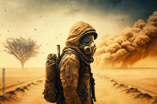 Post apocalyptic survivor in gas mask. Environmental disaster, Armageddon - Dystopia - destroyed buildings - in a post-apocalyptic World - Generative AI