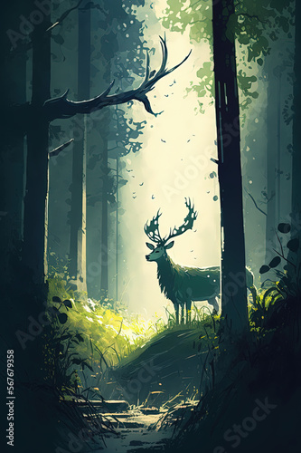 Deer, sun, forest, beautiful landscape, nature, wallpaper. Generative AI. © ART IS AN EXPLOSION.