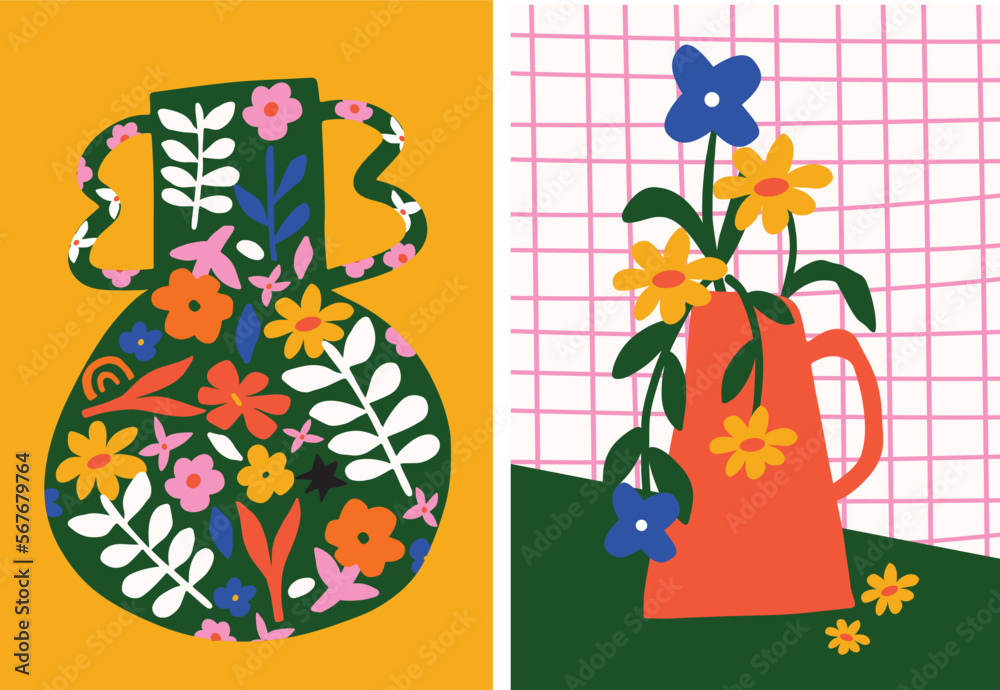 Set of colorful matisse inspired still life pottery vase and flower poster. Modern paintings for the interior in simple hand drawn shapes.

 - obrazy, fototapety, plakaty 