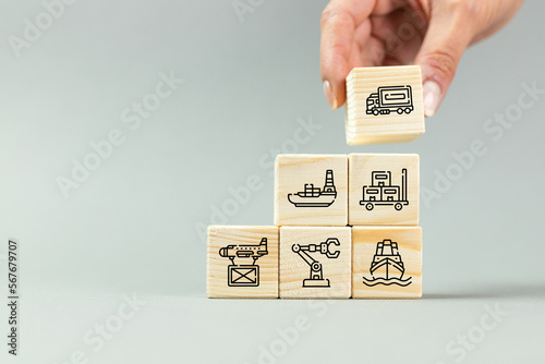 Different types of international transport, the concept of building world trade, wooden box, technology idea