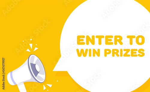 Speech bubble with enter to win prizes text. Speech bubble with loudspeaker. Pop art style. Vector line icon for Business and Advertising