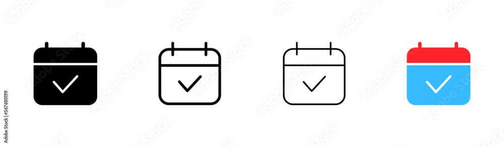 Calendar with tick set icon. Important day, performed, ok, done, month, punctuality, anniversary. Time management concept. Vector icon in line, black and colorful style on white background Calendar with tick set icon. Important day, performed, ok, done, month, punctuality, anniversary. Time management concept. Vector icon in line, black and colorful style on white background