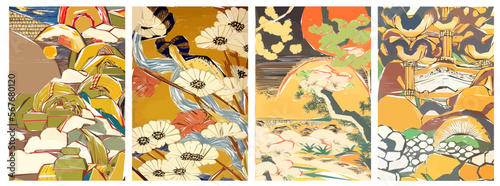 Japanese Sakura Traditional Art vector illustration set. Spring cherry blossom season.