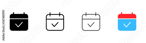 Calendar with tick set icon. Important day, performed, ok, done, month, punctuality, anniversary. Time management concept. Vector icon in line, black and colorful style on white background