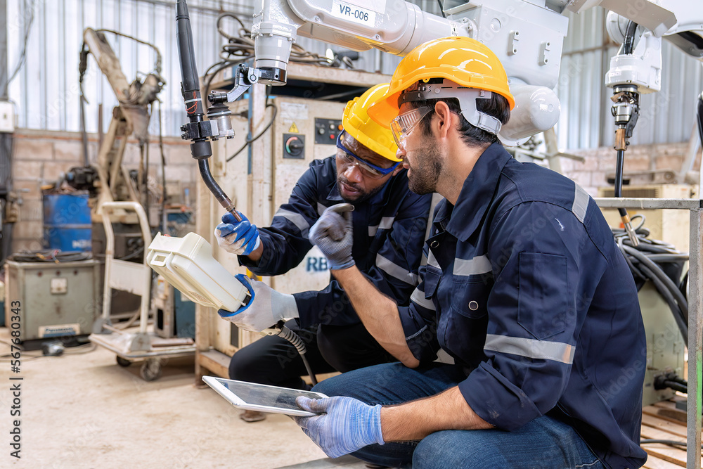 Maintenance engineer repair and programing robotic arm in factory Industry robot service shop Maintenance engineer repair and programing robotic arm in factory Industry robot service shop